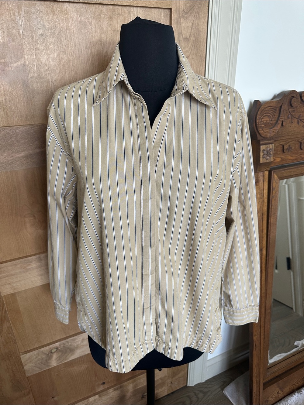 Banana Republic Tan and White Striped Button-Down Shirt